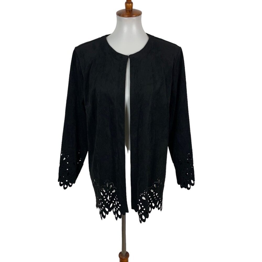 Bob Mackie Black Faux Suede Cardigan Large Long Sleeve Boho Luxe Vintage Glam‎